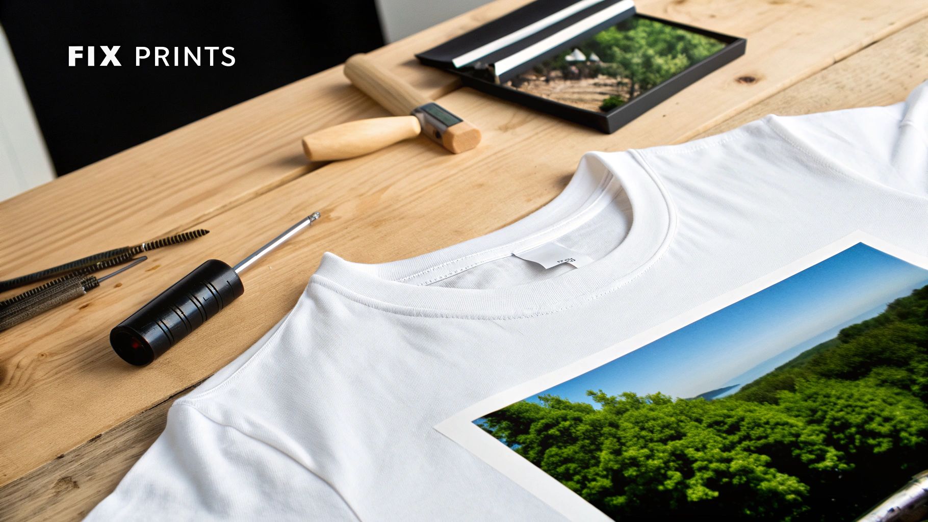 A white t-shirt with a vibrant landscape print lies on a wooden table, next to tools.