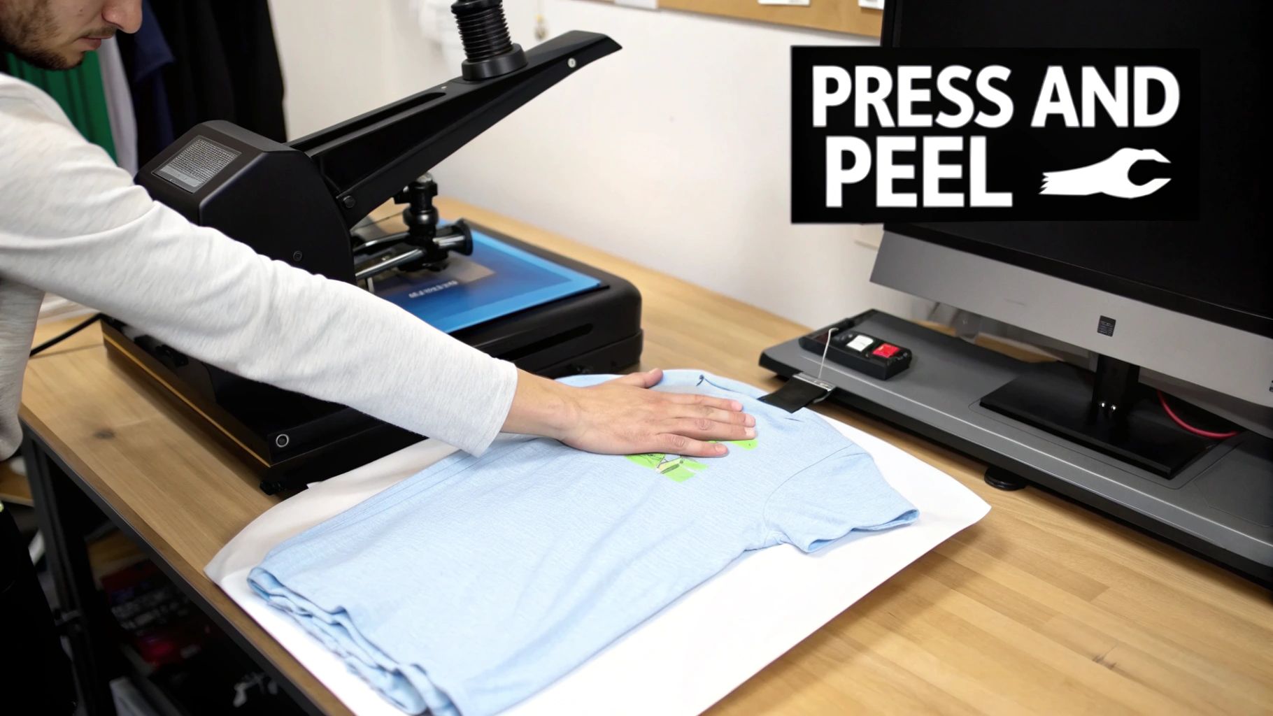 Person's hand pressing a green design onto a light blue t-shirt using a DTF heat press.