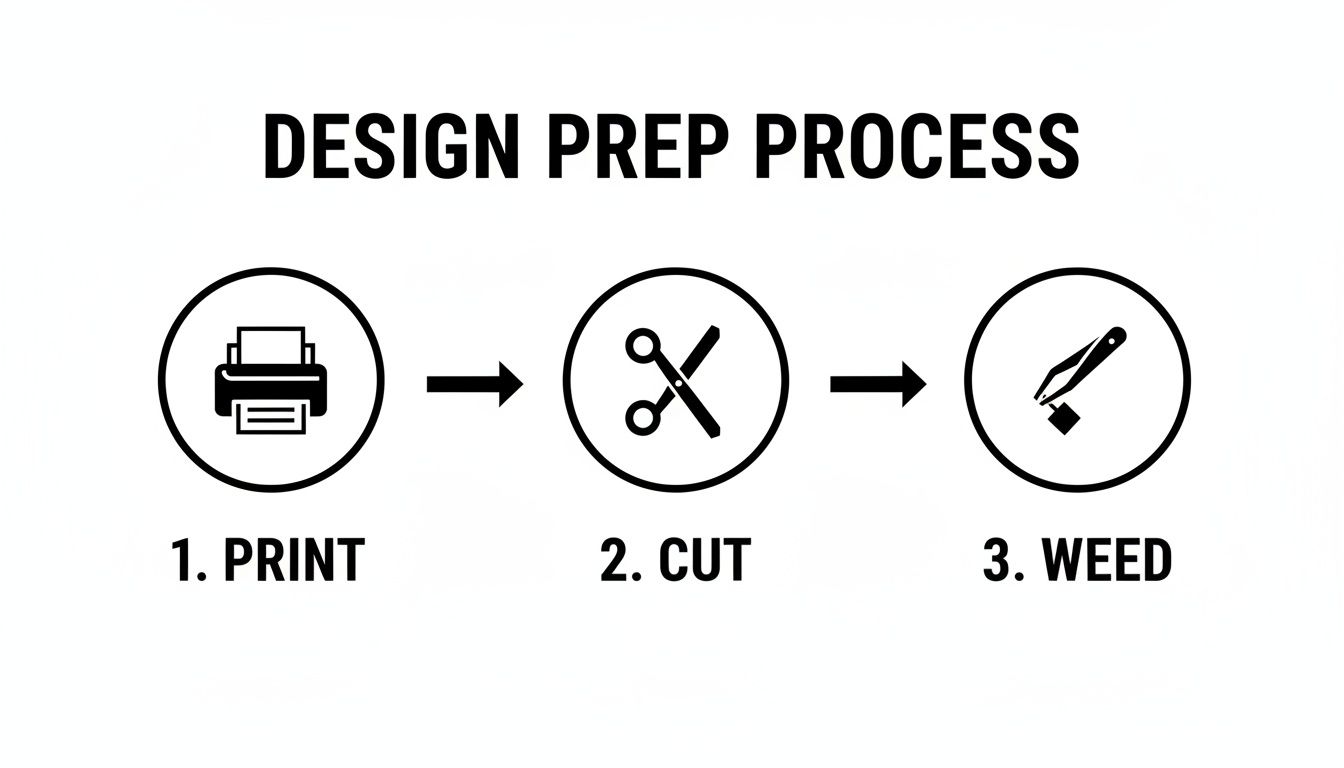 A graphic illustrating the design preparation process with three steps: print, cut, and weed.