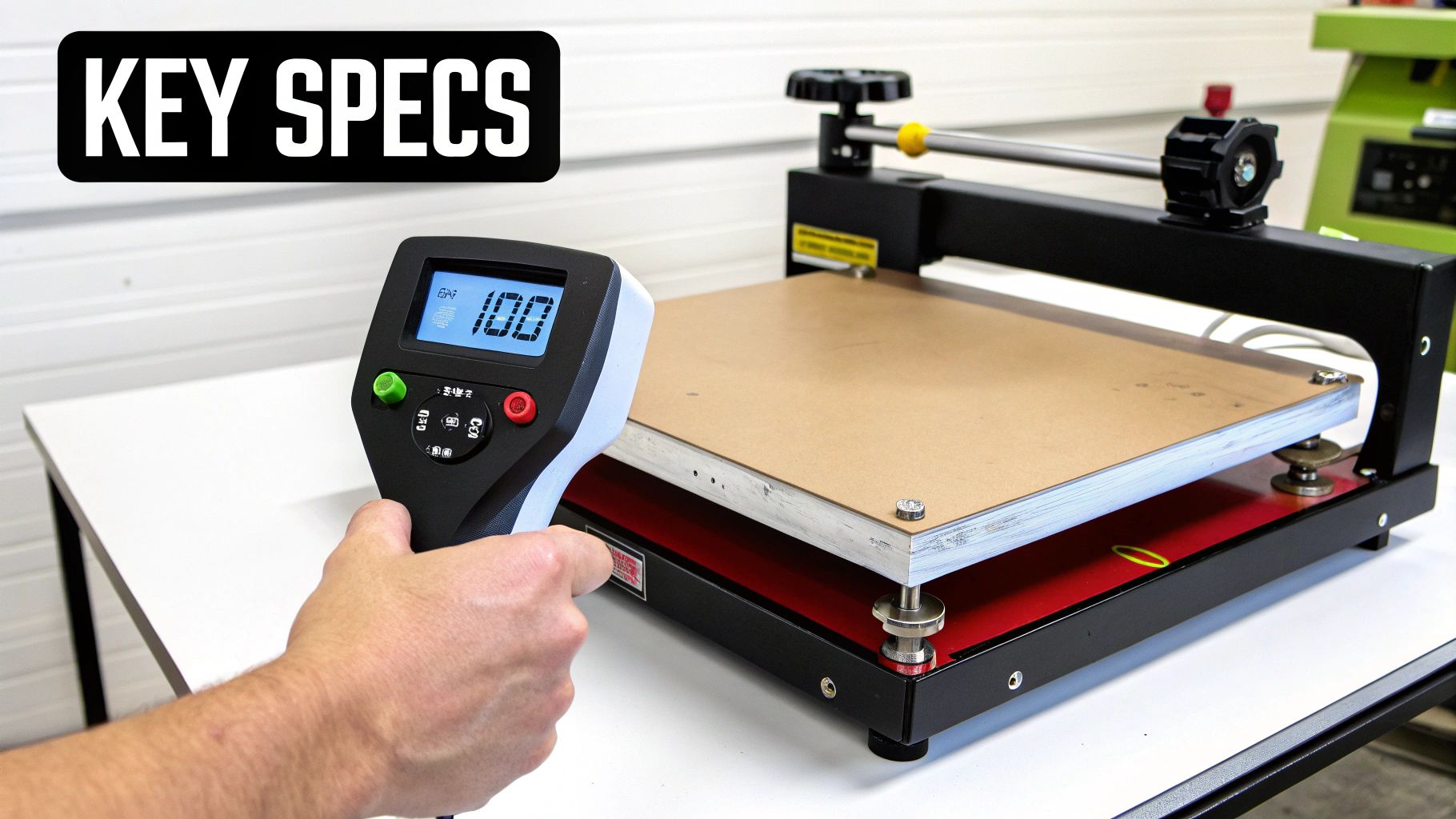A hand uses a digital thermometer displaying 100 to measure the temperature of a heat press machine.
