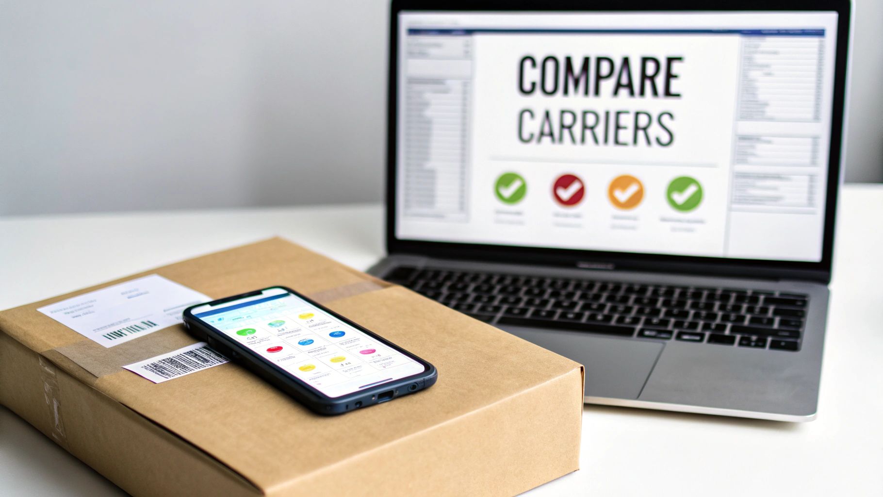 A laptop displays 'COMPARE CARRIERS' next to a smartphone on a brown shipping box.