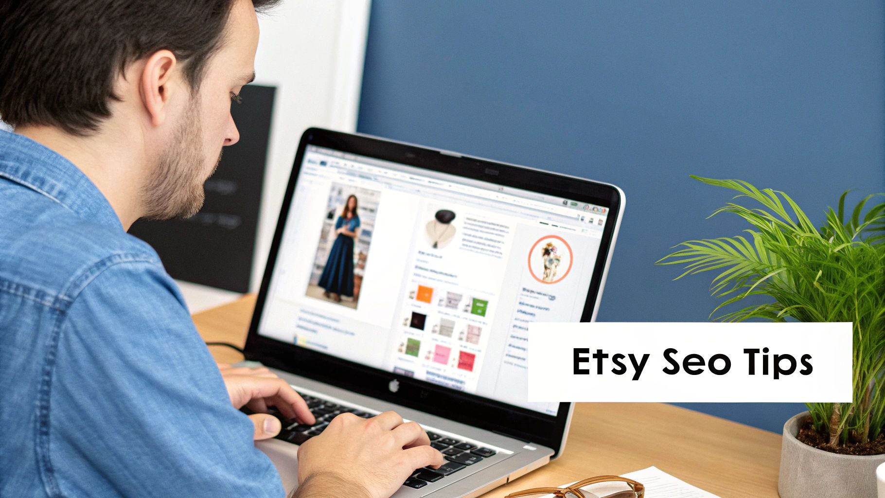 A person typing on a laptop with an Etsy shop visible on the screen, surrounded by t-shirt mockups.