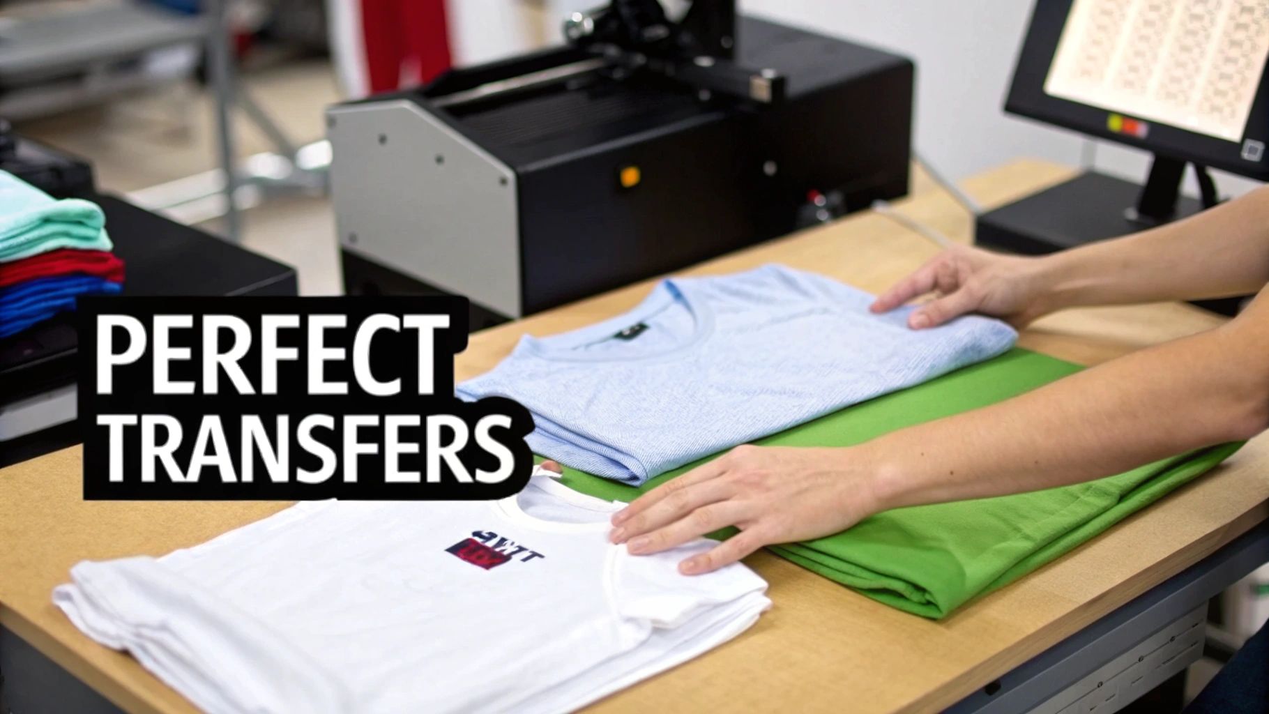 Hands precisely folding new t-shirts after a transfer process, next to a heat press.