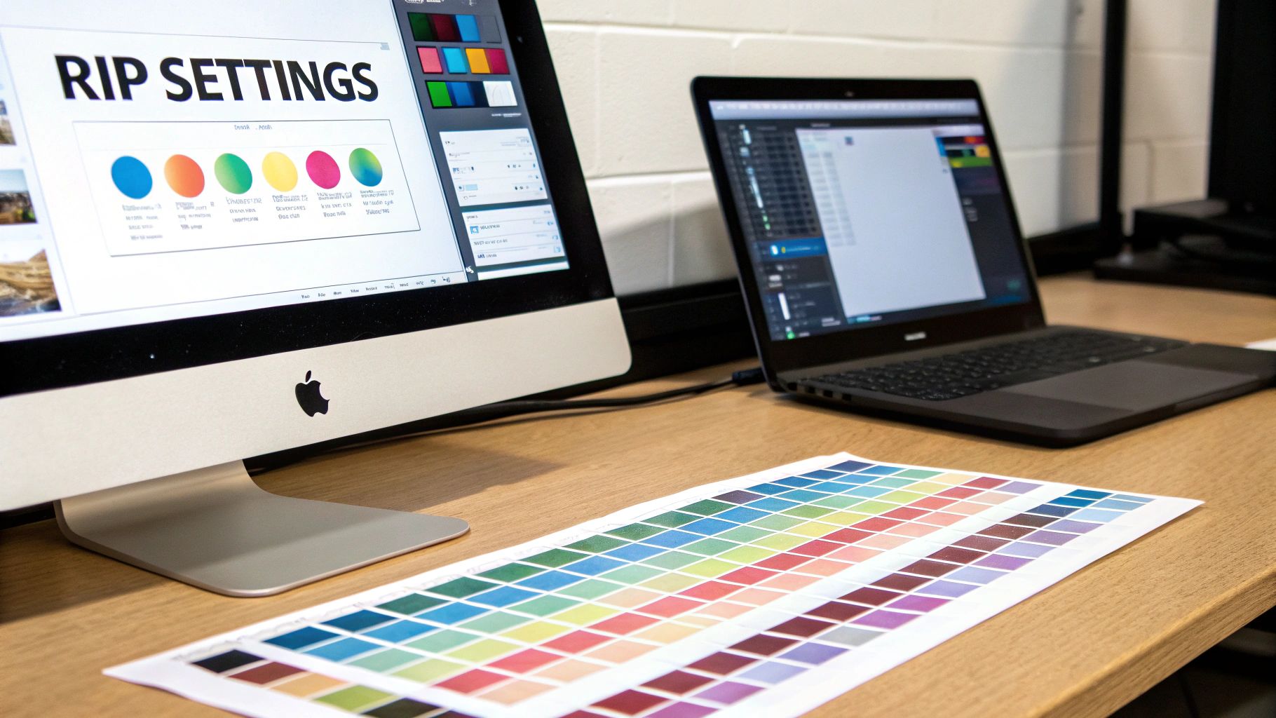 A print design workspace with an iMac showing RIP settings and color swatches, a laptop, and a physical color chart.