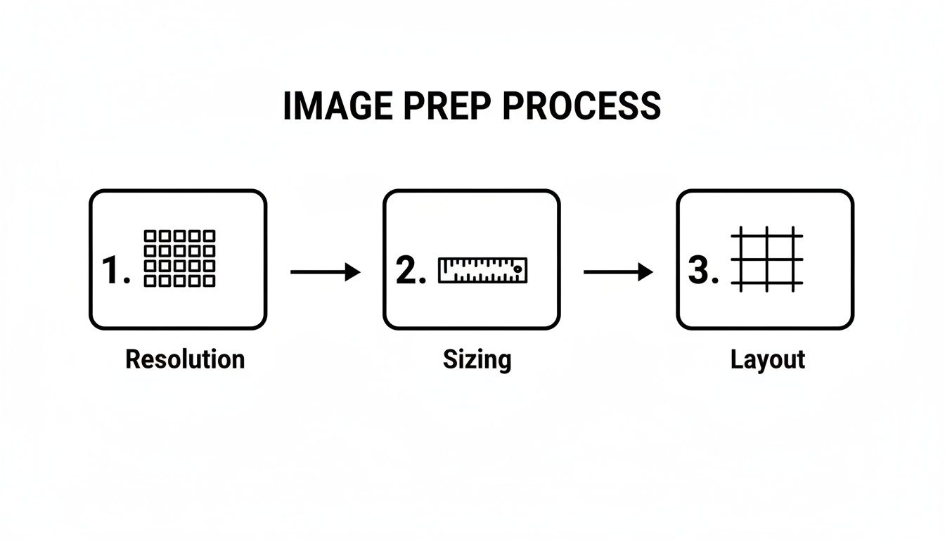 Diagram showing the image preparation process: resolution, sizing, and layout for transferring an image.