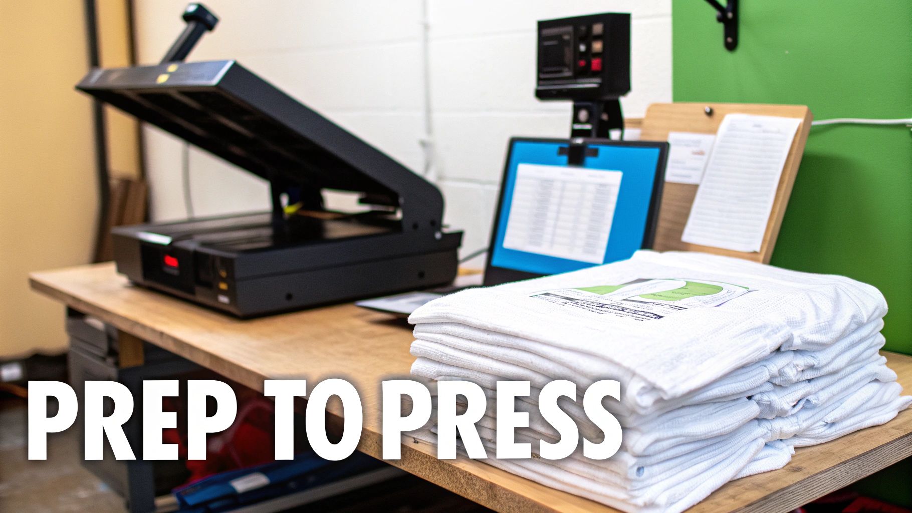 Heat press machine and stack of white t-shirts ready for custom printing on wooden workspace
