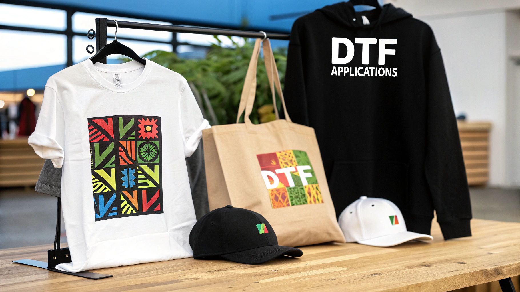 Vibrant custom printed t-shirts and tote bags on display, showing real-world applications of DTF printing.