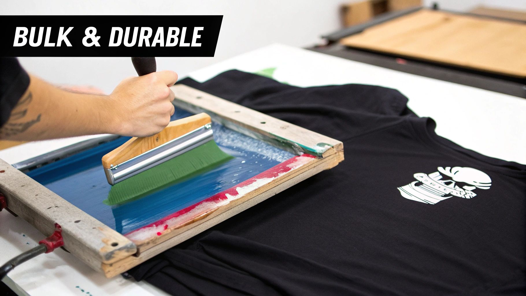 A screen printing press with a t-shirt being prepared for printing.