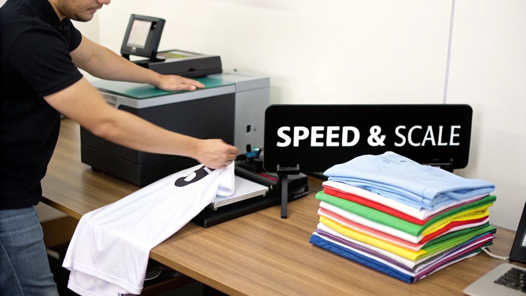 A person prints a design onto a white t-shirt using a machine, next to a stack of colorful shirts.