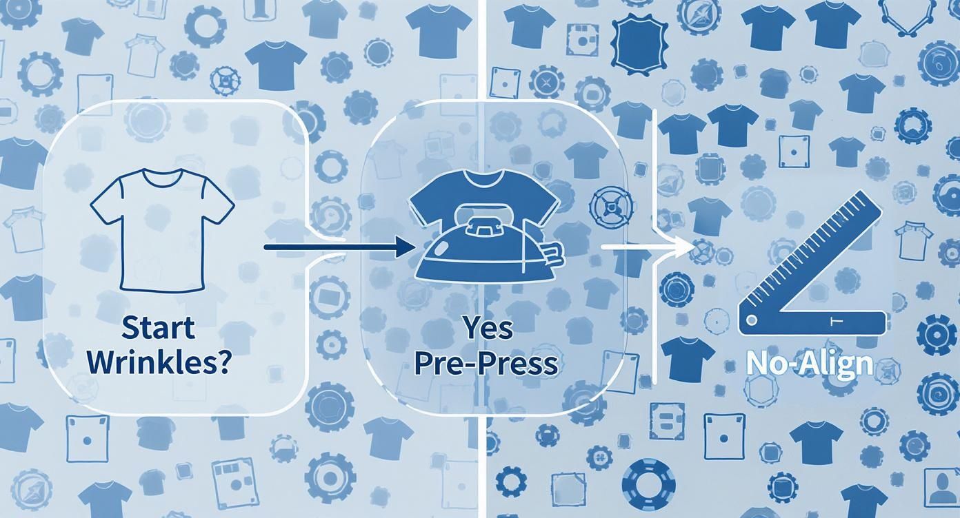 Flowchart detailing t-shirt preparation steps: checking for wrinkles, pre-pressing with an iron, then aligning.