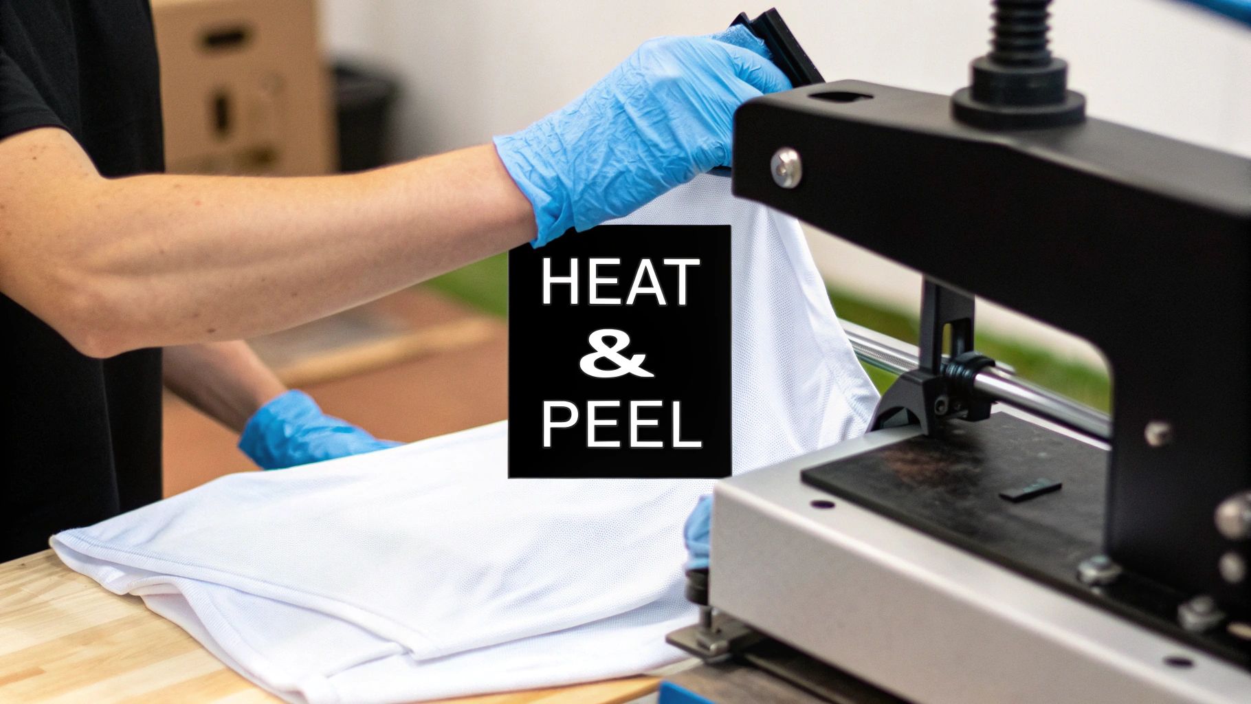 Worker wearing blue gloves operating heat press machine for custom transfer printing on white fabric