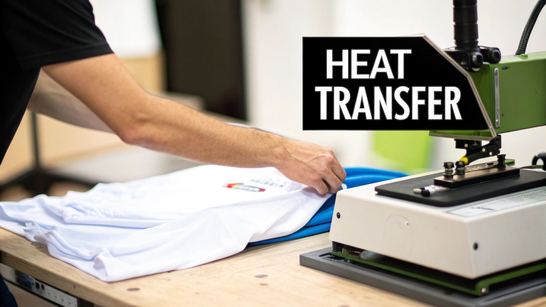 A heat press machine in action, transferring a design onto a t-shirt