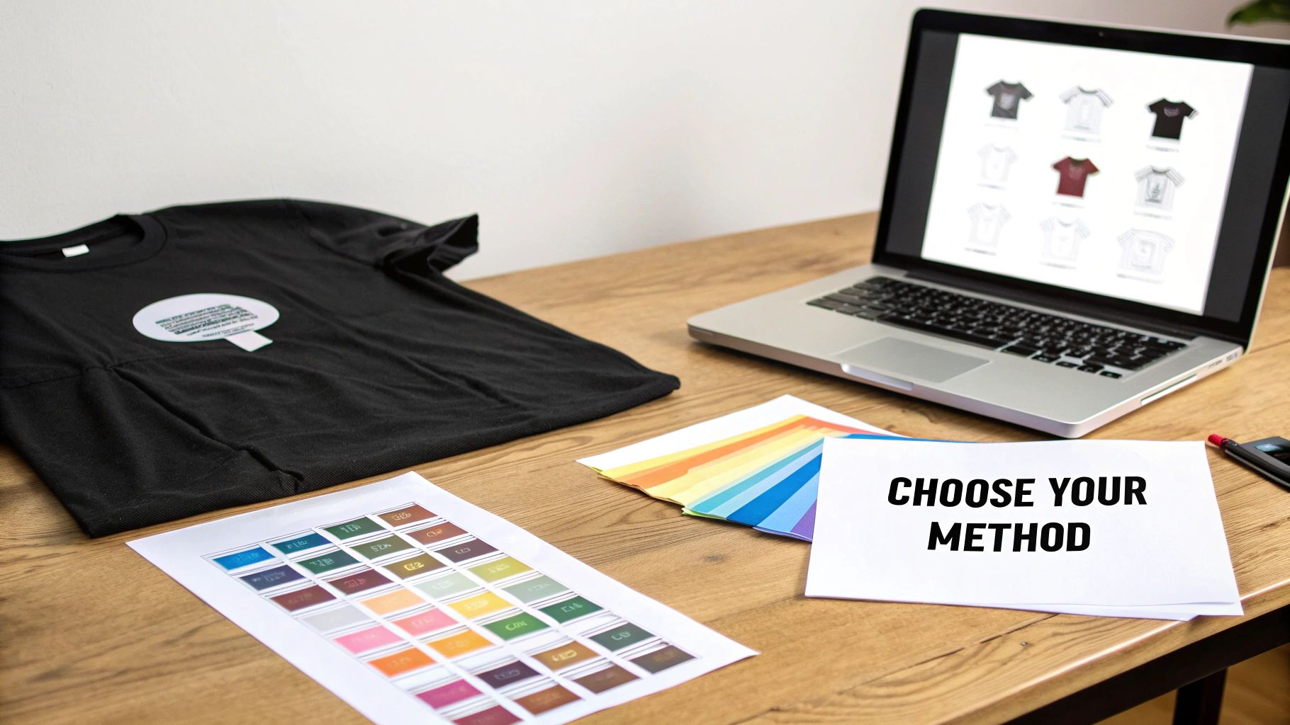 A desk setup with a black t-shirt, laptop displaying designs, color swatches, and 'CHOOSE YOUR METHOD' paper.