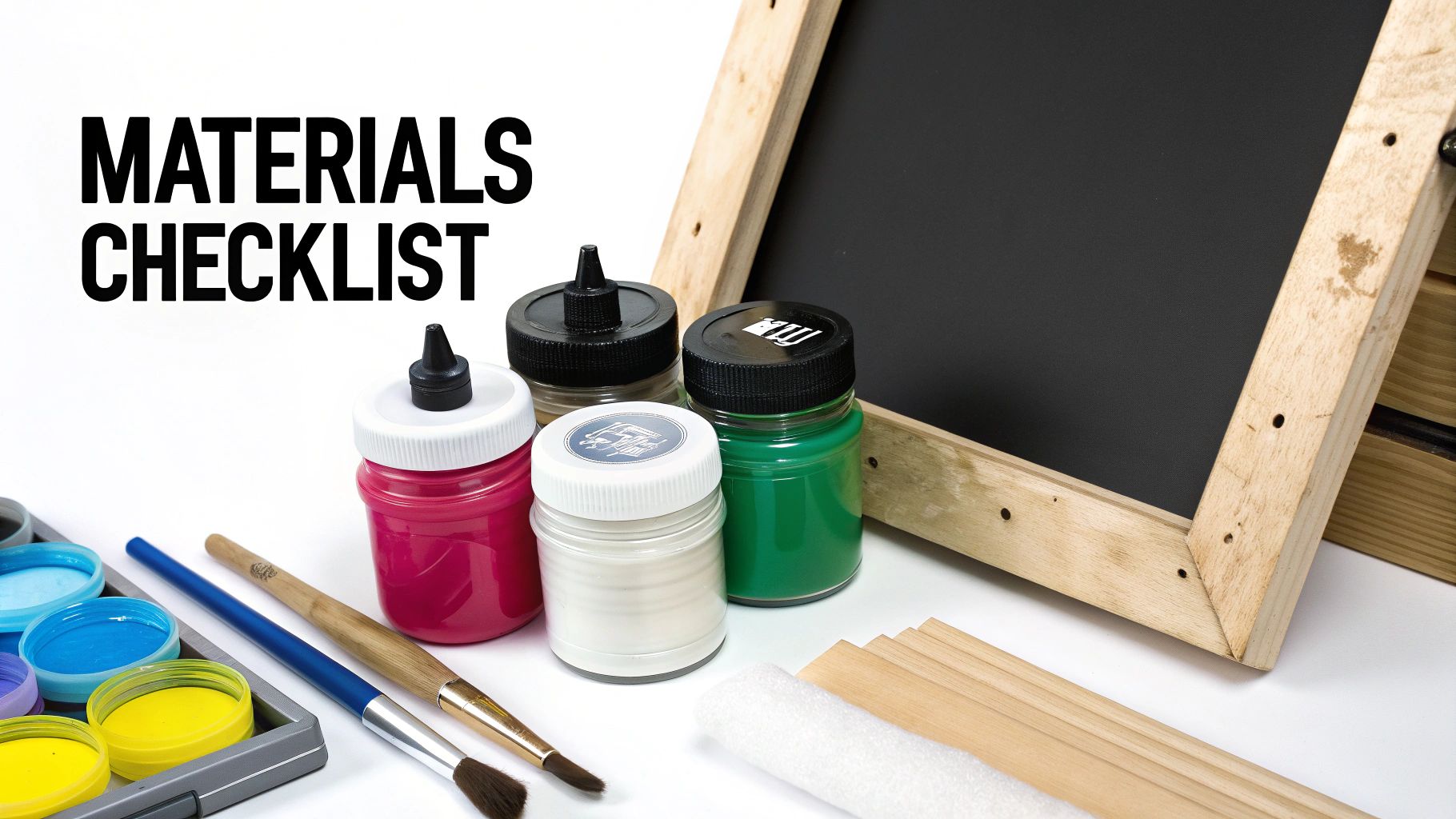 A variety of screen printing materials are displayed, including paints, brushes, a roller, and a chalkboard frame.