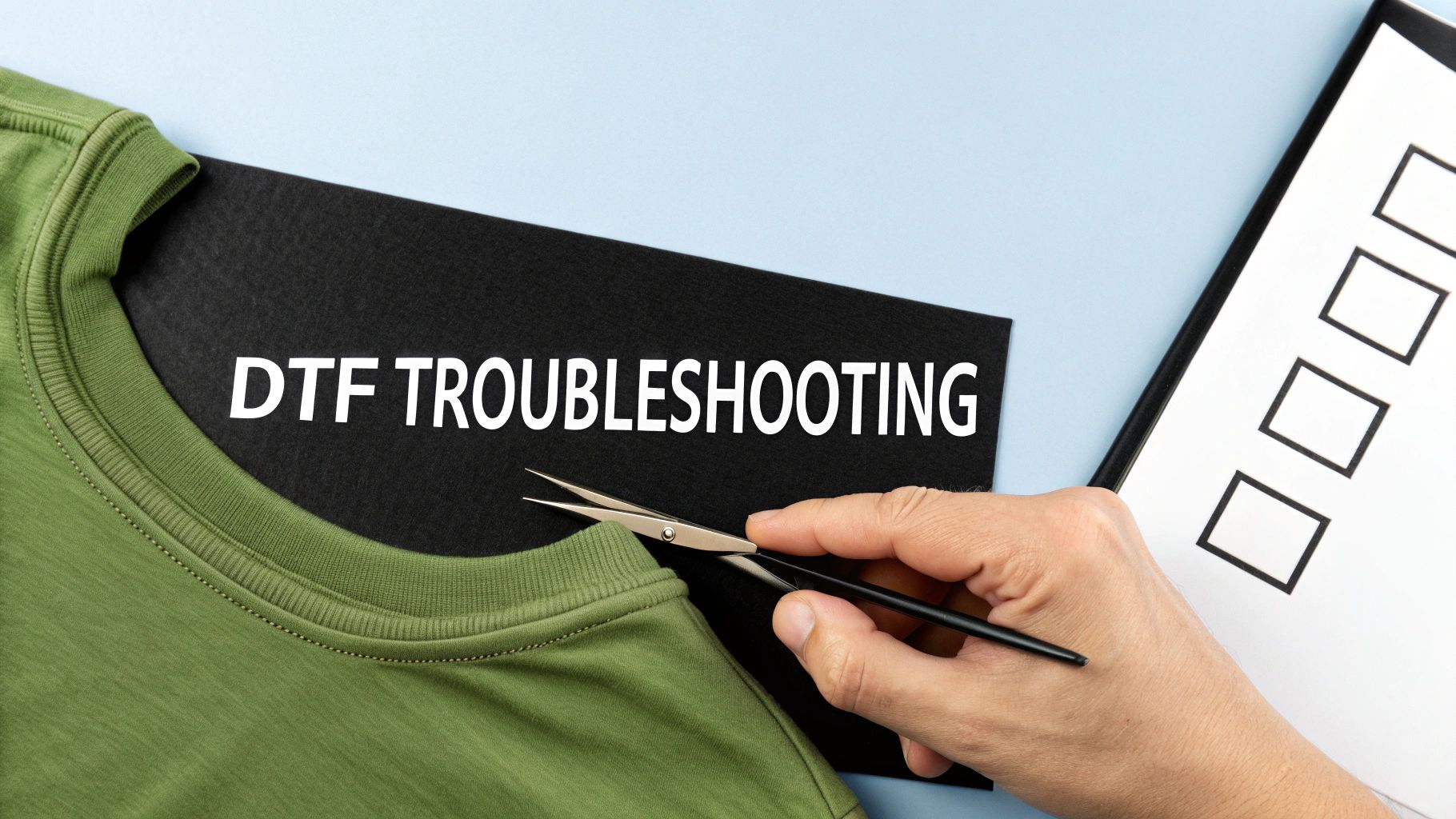 A hand holds small scissors near a green t-shirt and a black paper with "DTF TROUBLESHOOTING" written on it.