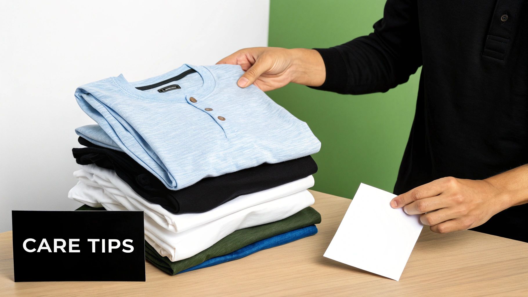 A person folds a stack of colorful t-shirts, with a "CARE TIPS" sign and a blank card.
