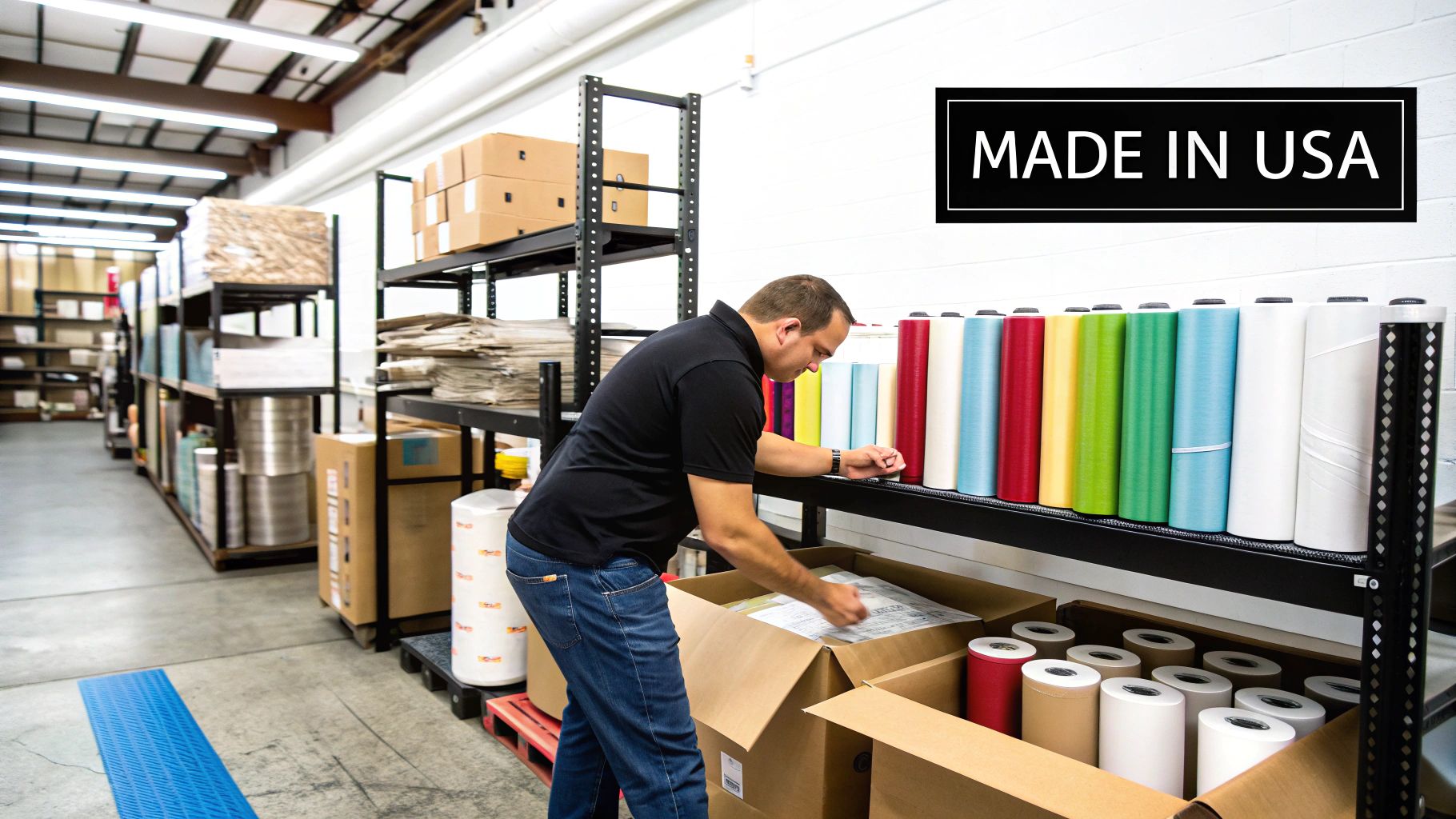 Man in a warehouse inspects a box near shelves of colorful film rolls and a 'MADE IN USA' sign.