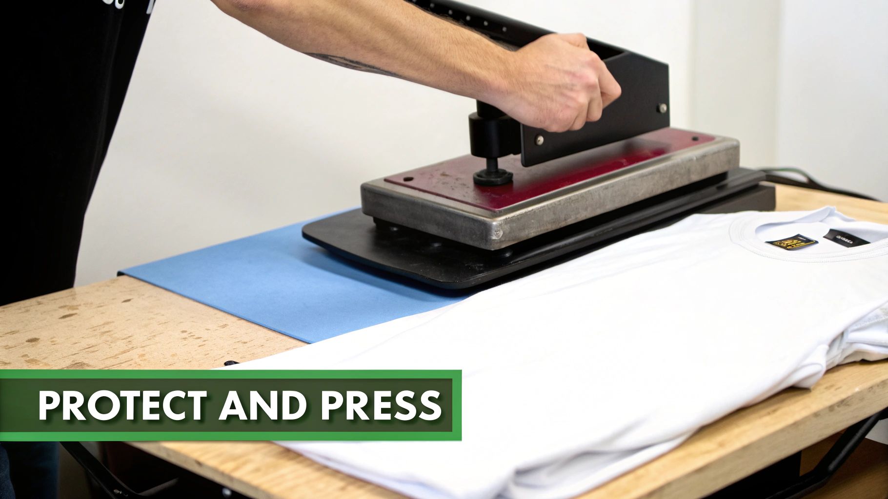 A person carefully placing a design transfer onto a t-shirt laid flat on a heat press machine.