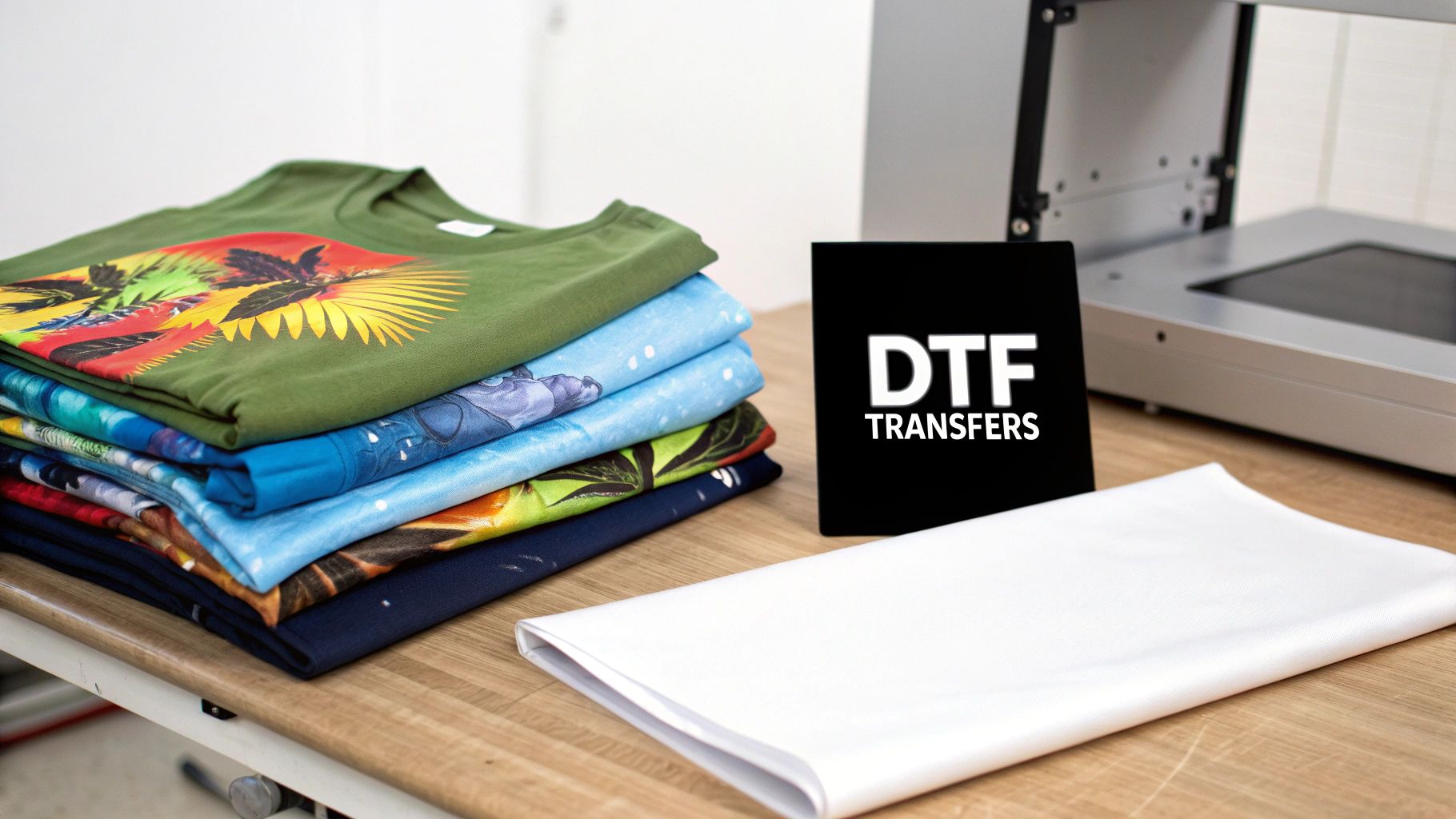 A stack of vibrant custom-printed t-shirts with DTF transfers and a printer.
