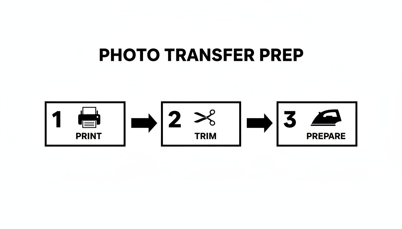 A three-step diagram for photo transfer preparation: print with a printer, trim with scissors, and prepare with an iron.