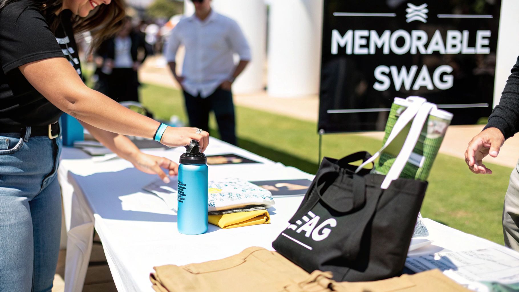Person at an event table picking up a blue water bottle, with 'Memorable Swag' sign in background.