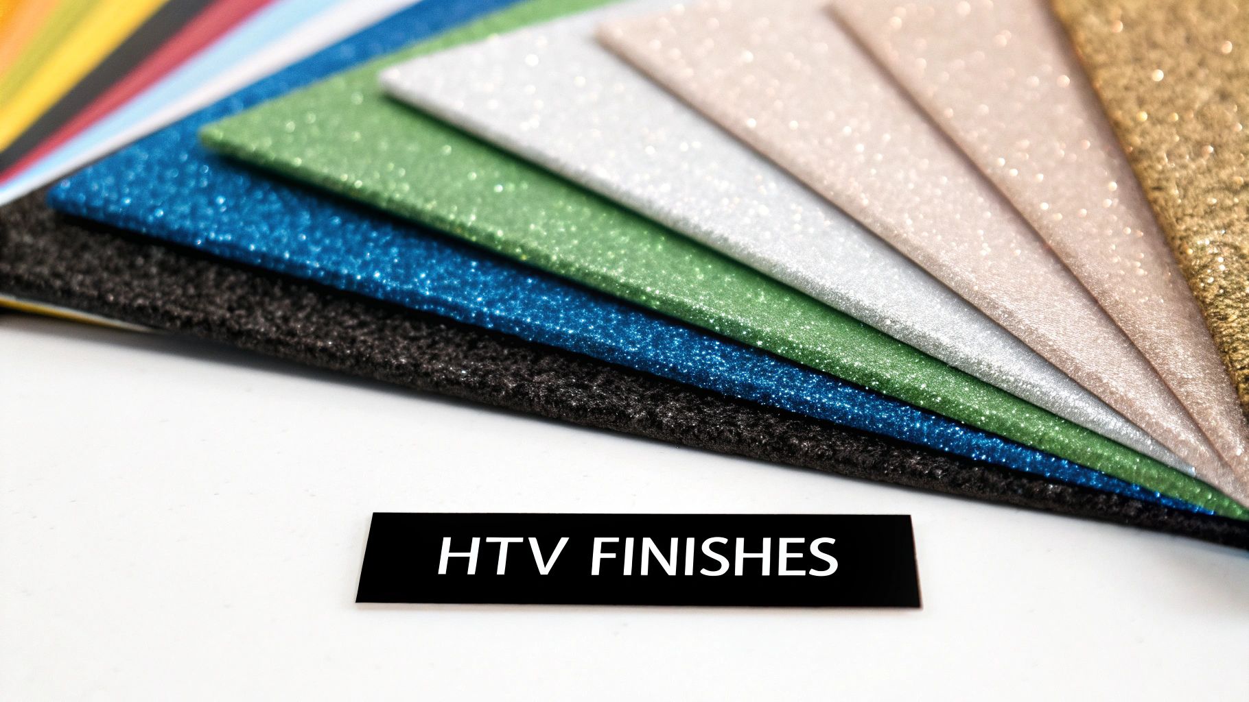 A variety of colorful heat transfer vinyl rolls showcasing different finishes like glitter, holographic, and flock.