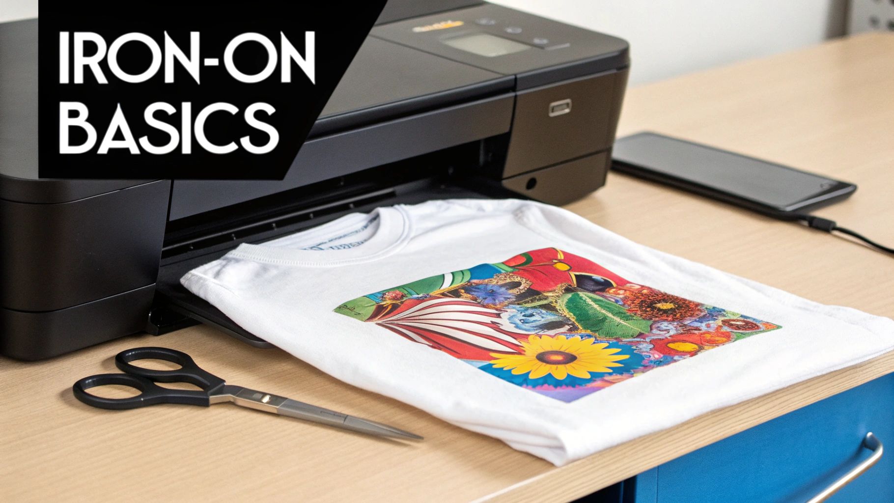 A white t-shirt with a vibrant graphic design being printed by a black printer on a wooden desk, alongside scissors and a phone.
