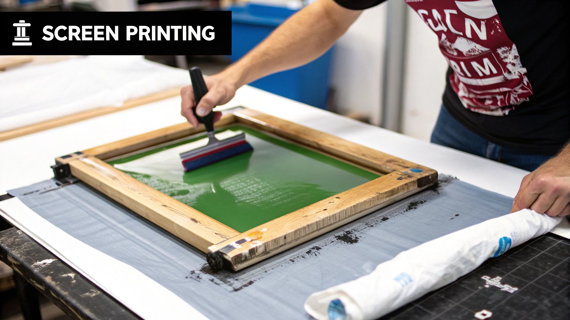 A screen printing machine applying ink to a t-shirt