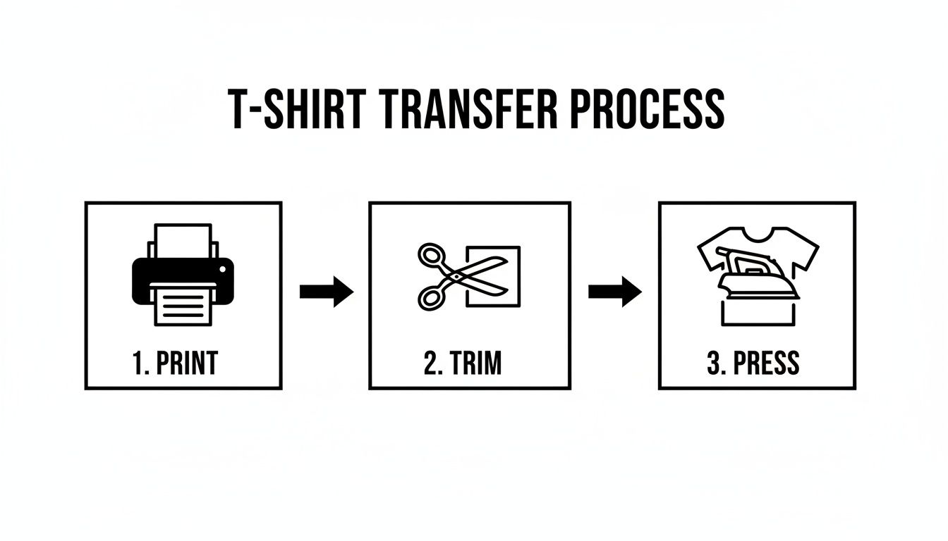 A visual guide outlining the three-step T-shirt transfer process: print, trim, and press.