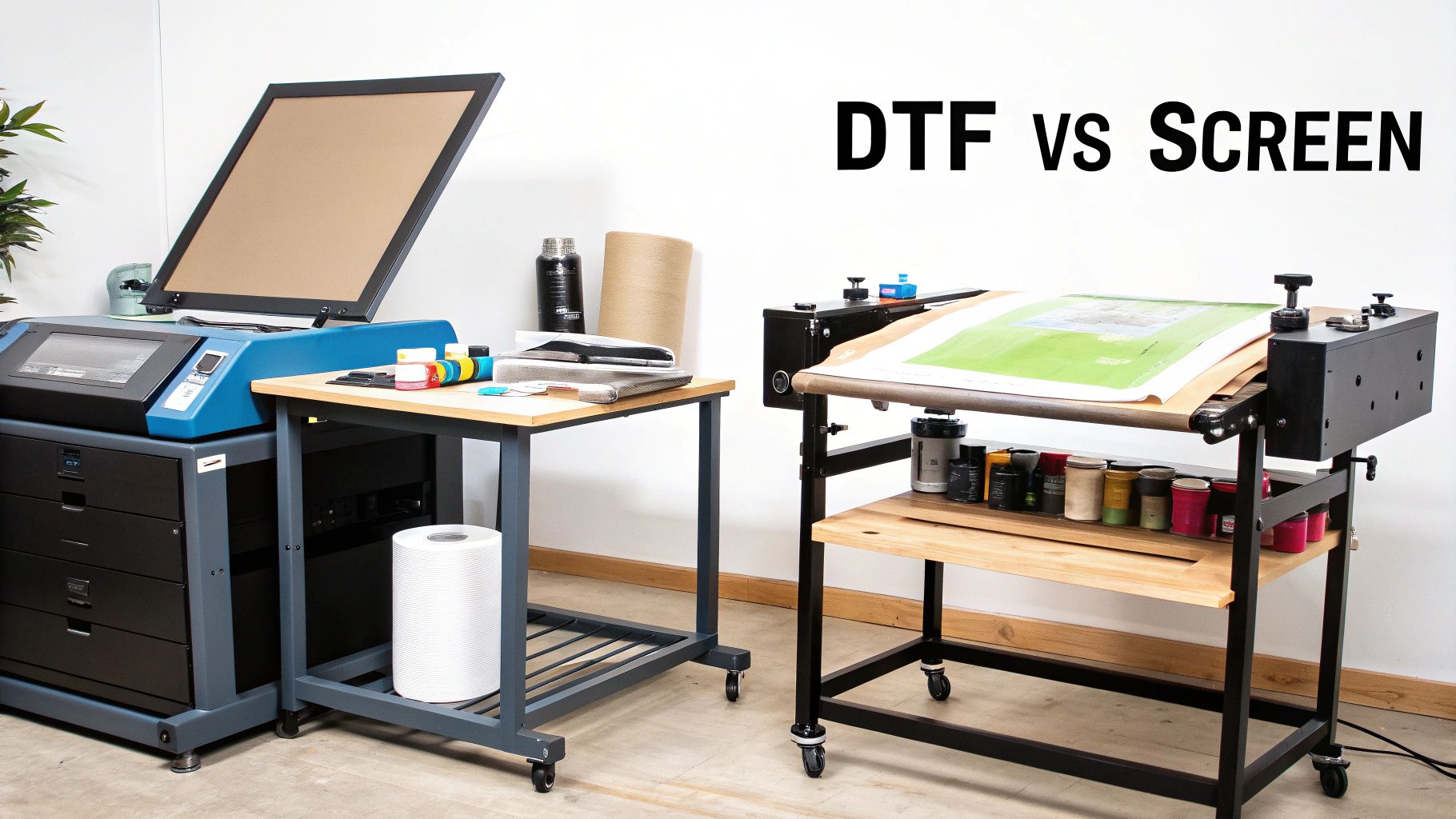 A side-by-side comparison of DTF printing equipment and a traditional screen printing setup in a workshop.