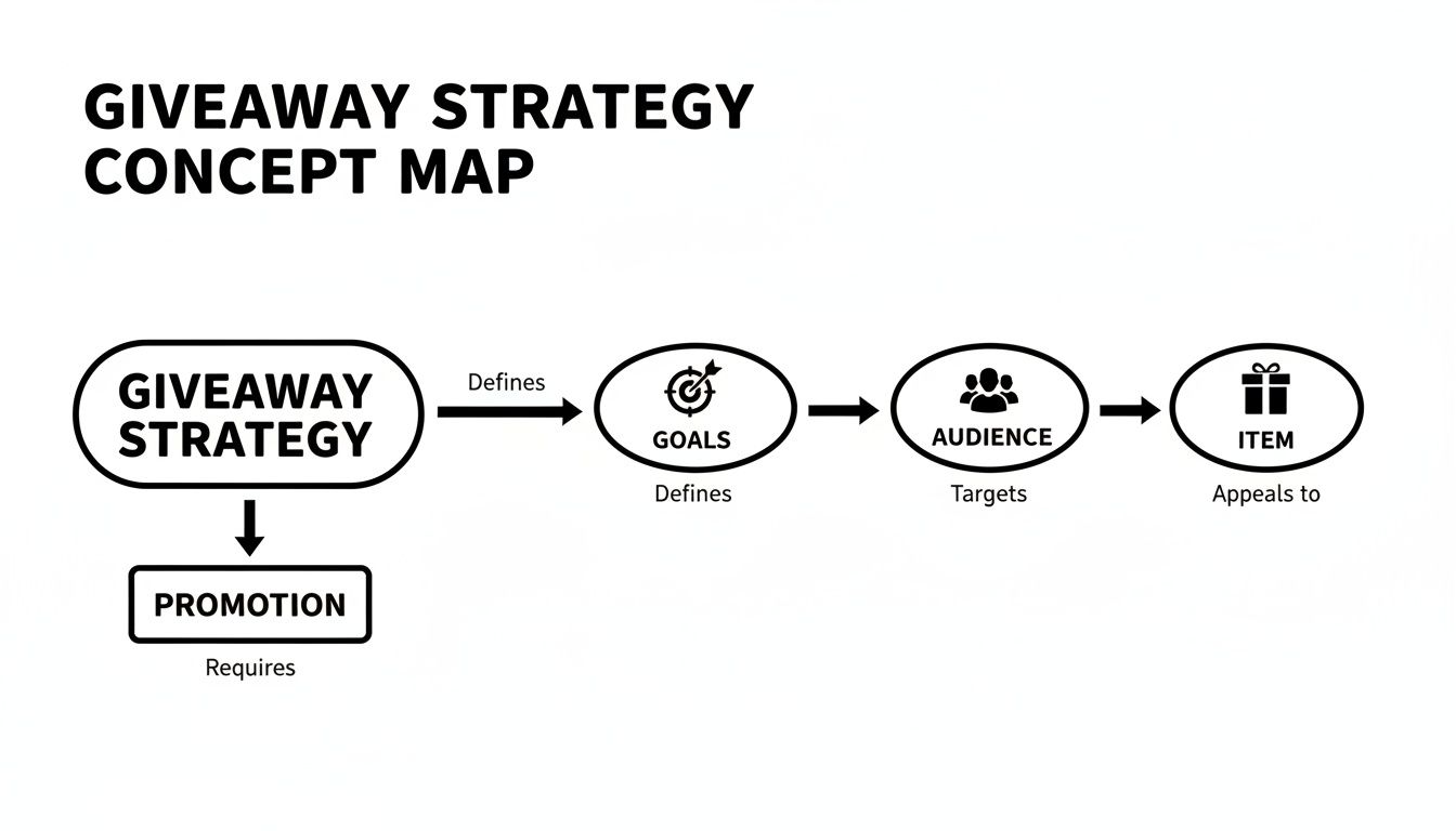 A concept map illustrating the essential components of a giveaway strategy, including goals, audience, item, and promotion.
