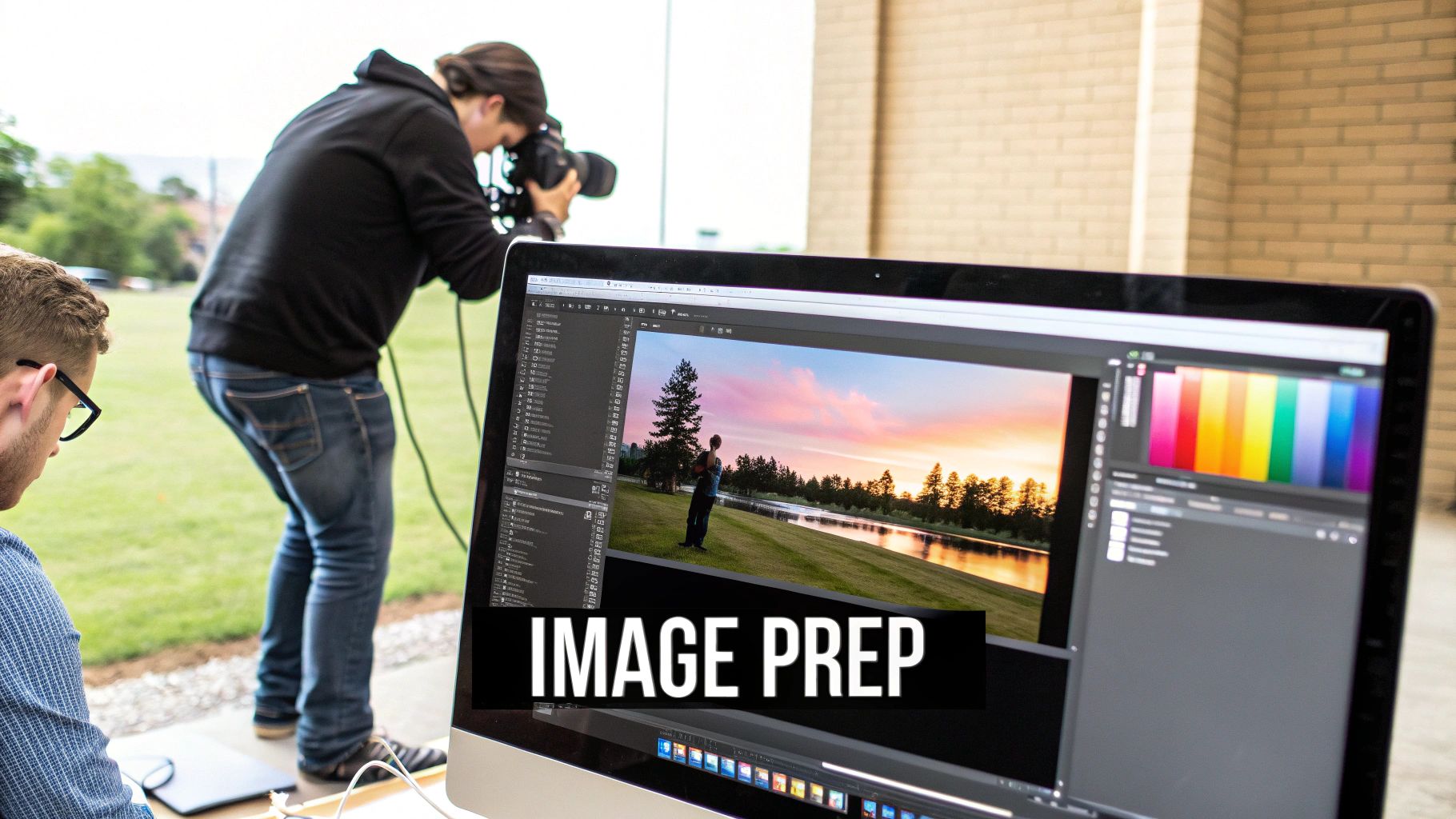 A graphic designer edits a high-resolution photo on a computer screen to prepare it for printing on a t-shirt.