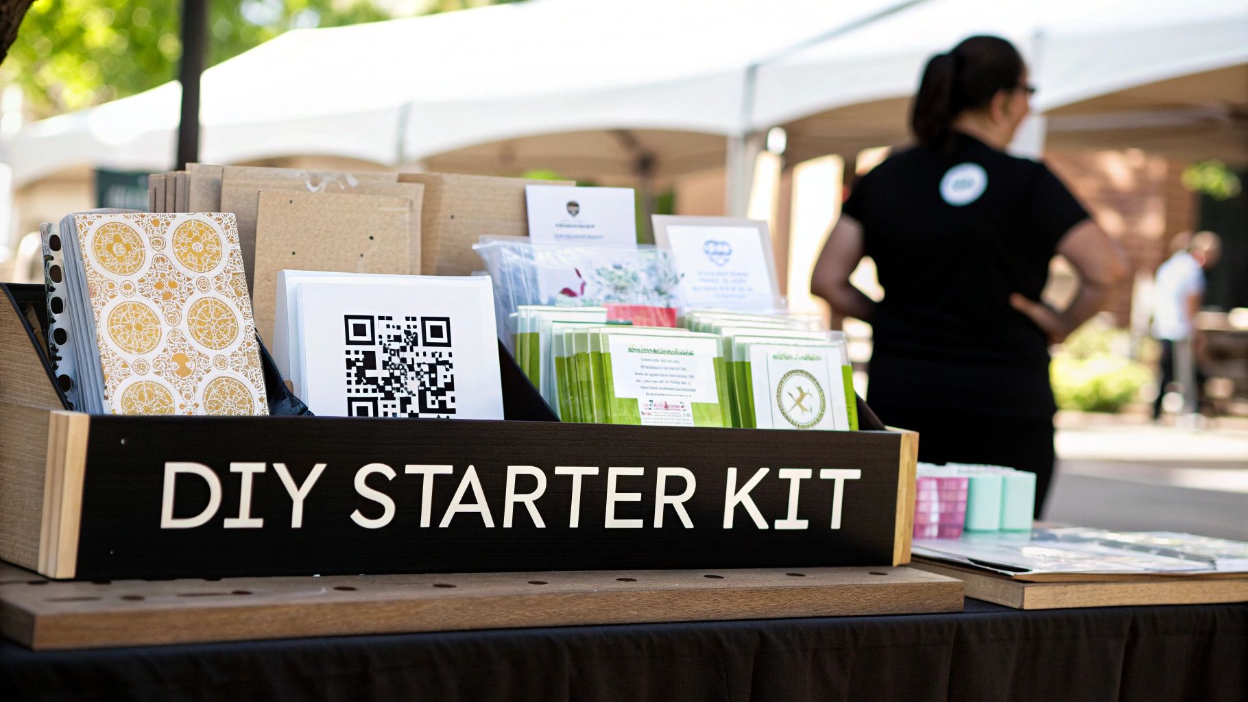 A 'DIY STARTER KIT' display box at an outdoor craft fair, featuring notebooks, QR code, and craft supplies.