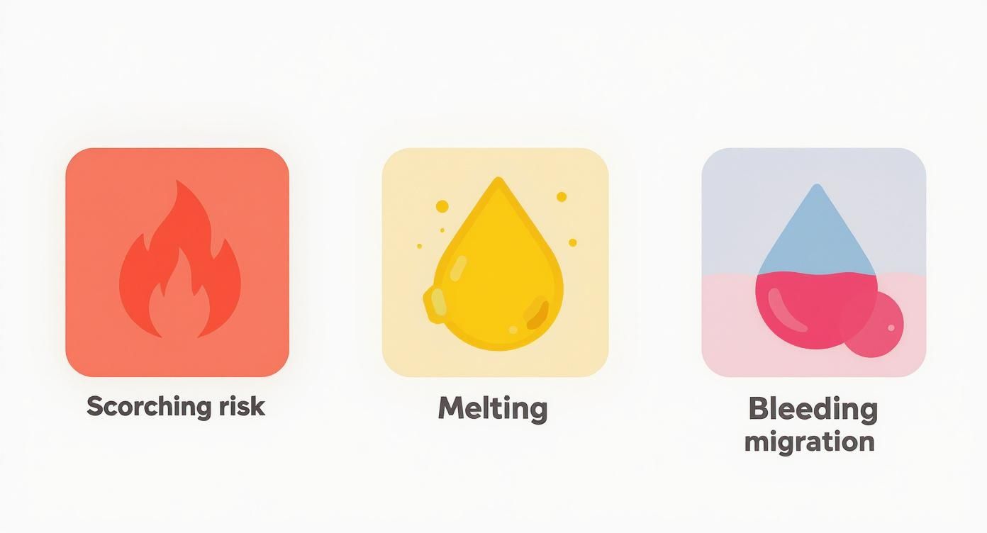 Three icons showing scorching risk with flame, melting with yellow droplet, and bleeding migration symbols