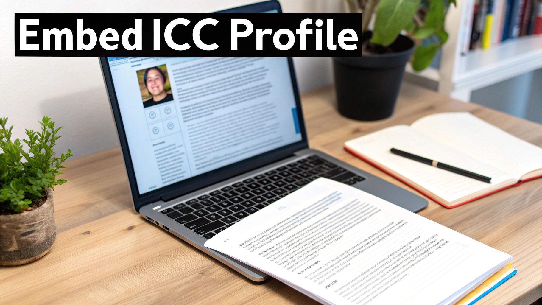 Laptop displaying ICC color profile interface on wooden desk with documents and notebook