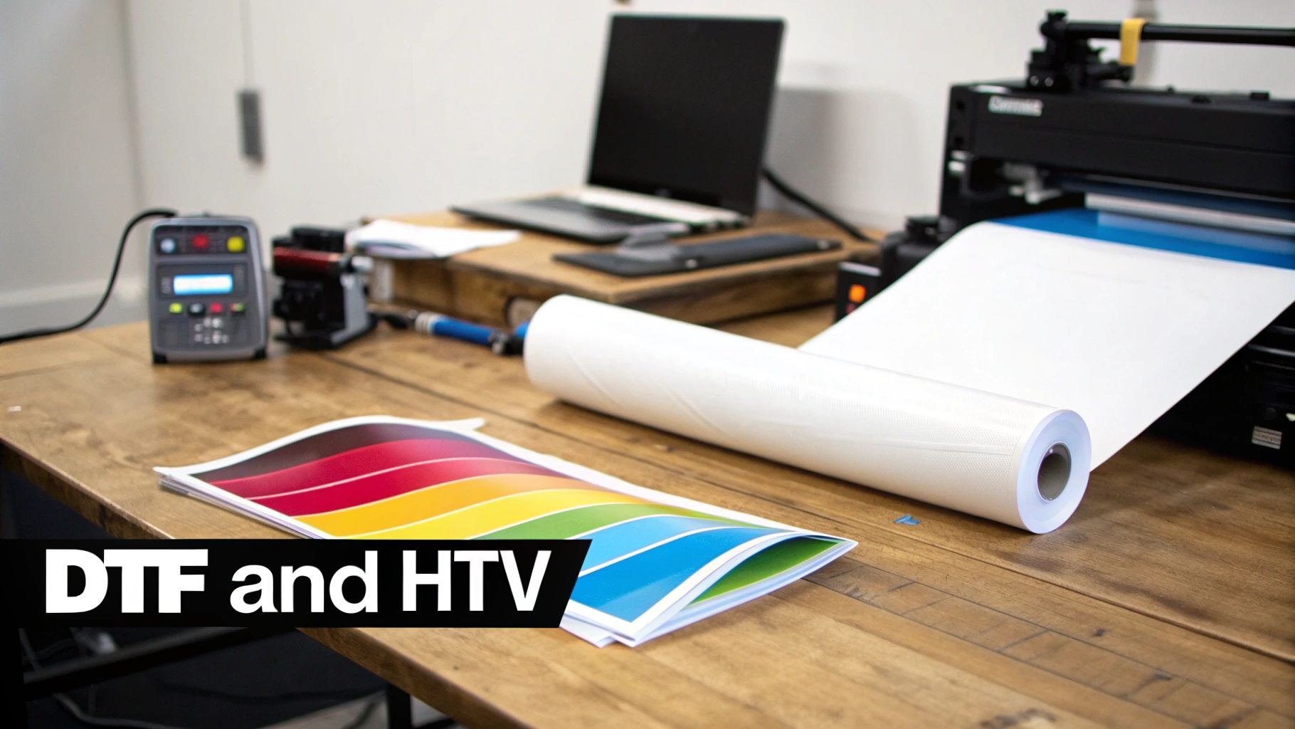 A DTF printer creating a vibrant design on a special film before it's transferred to a t-shirt