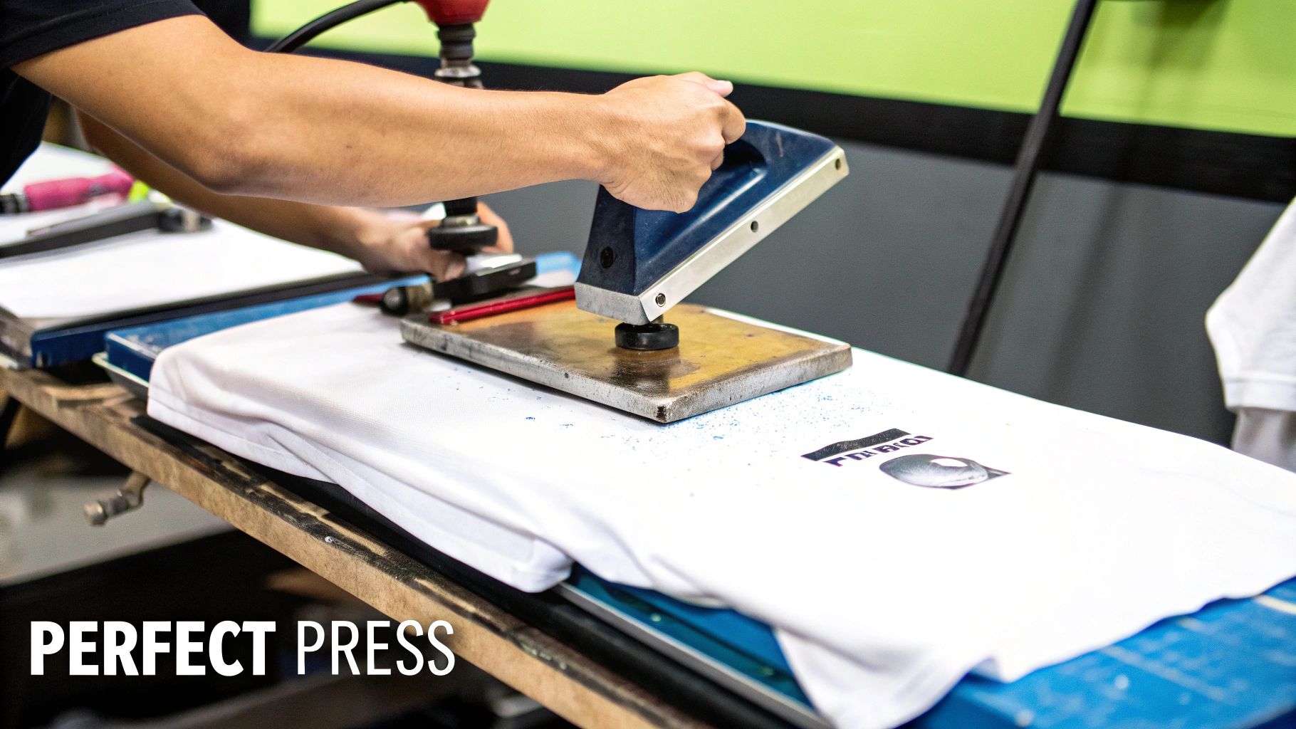 Person using a heat press machine to apply a transfer onto a shirt.