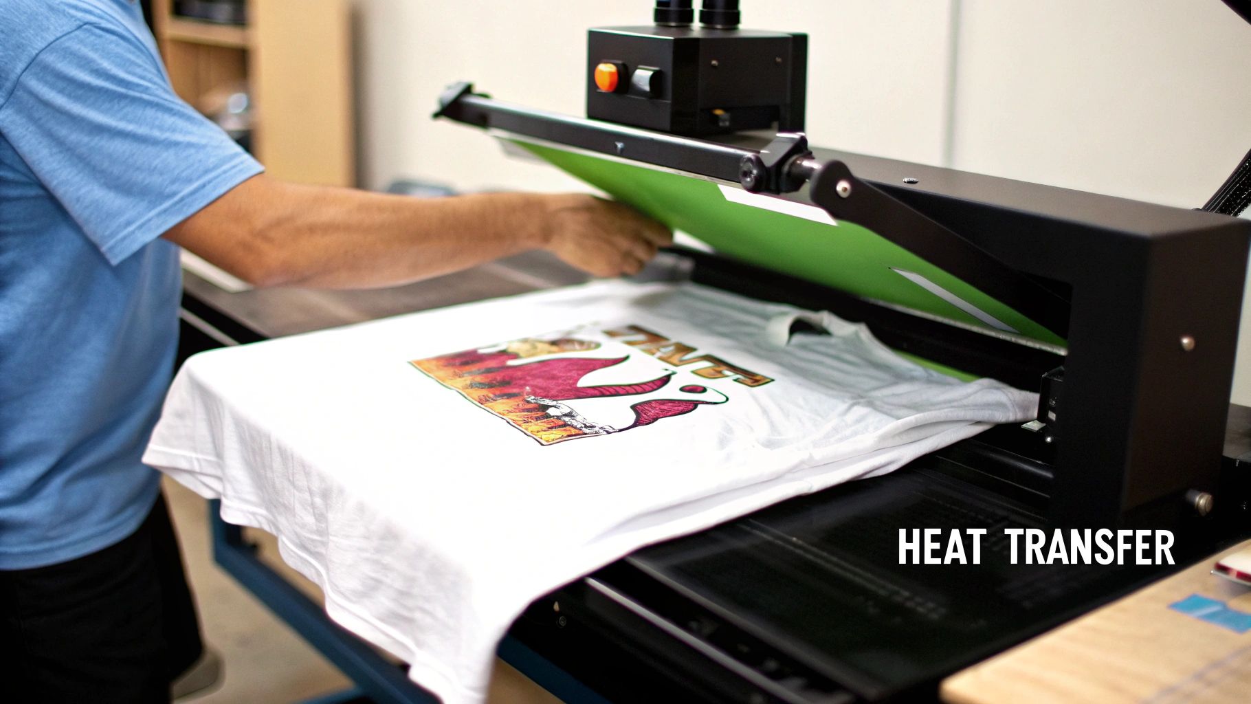 A heat press machine applying a design to a white t-shirt