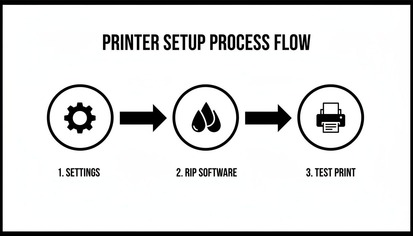 A three-step printer setup process flow showing settings, RIP software, and test print.
