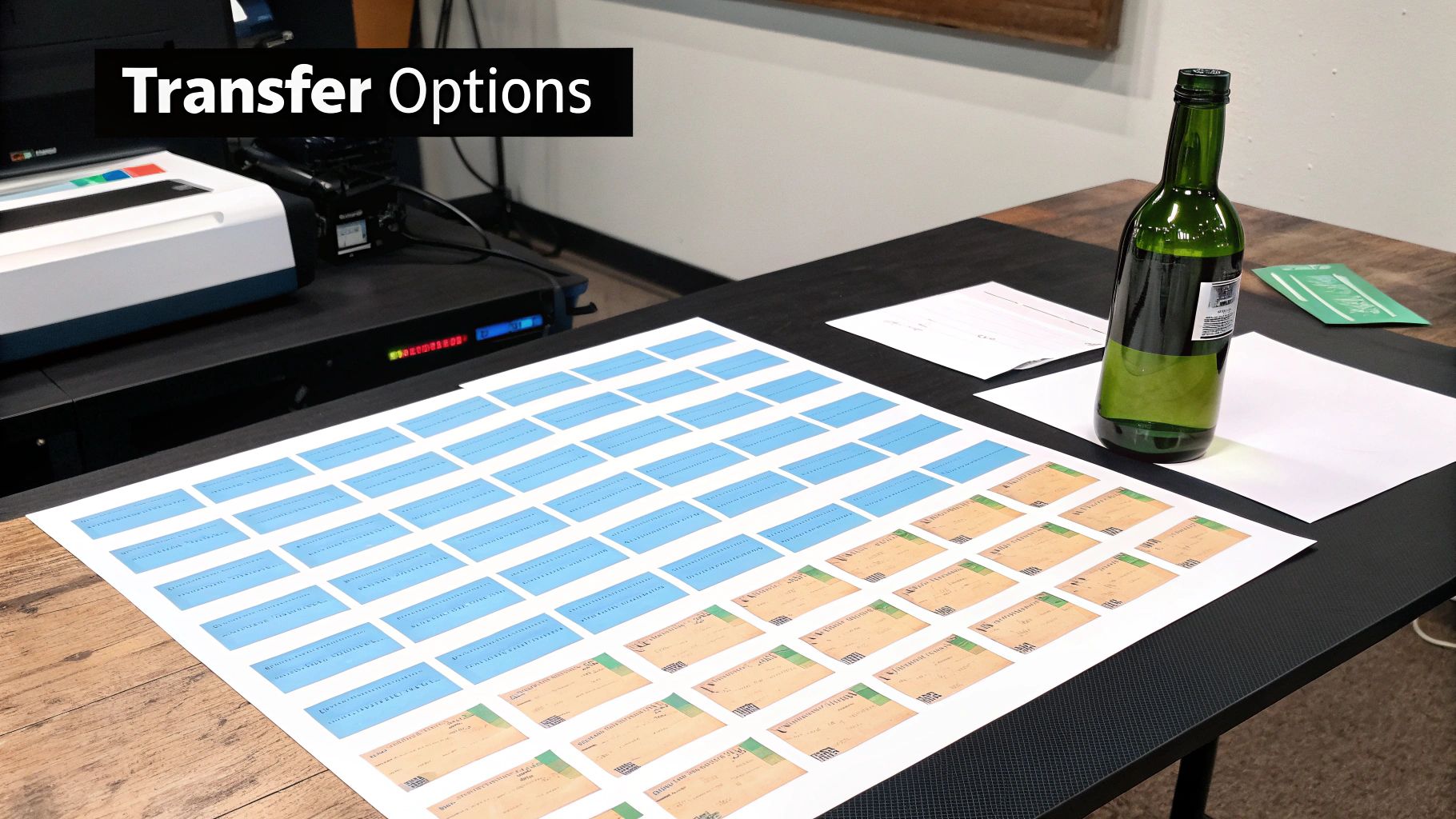 A desk displays a sheet of blue and orange print transfers, with a green bottle and printing equipment.