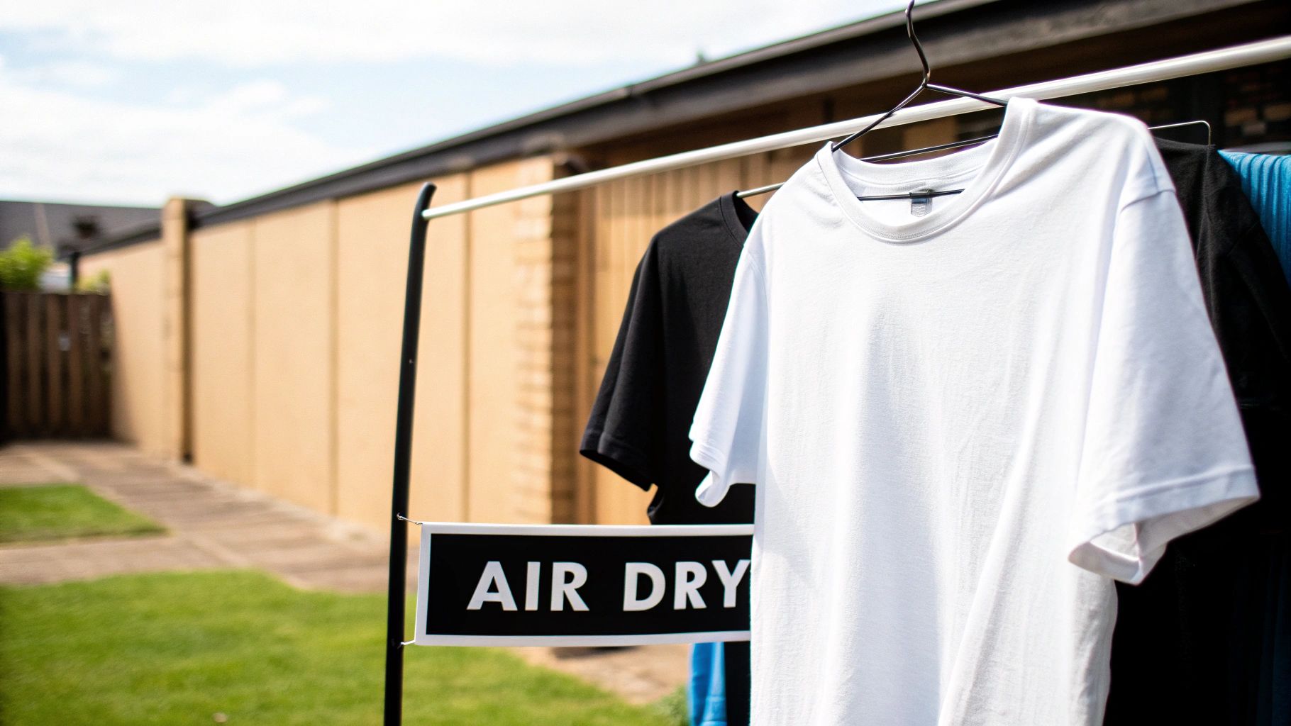 White and black t-shirts hanging on an outdoor drying rack with an 'AIR DRY' sign.