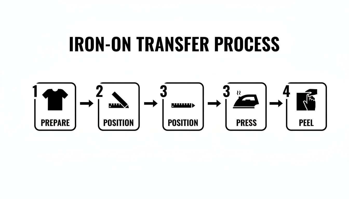 A five-step guide illustrating the iron-on transfer process: prepare, position, press, and peel.