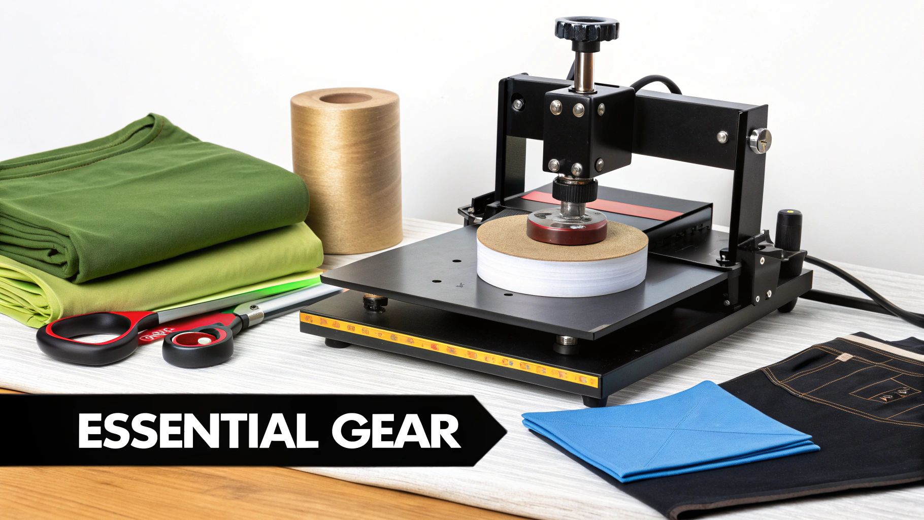 A person using a heat press machine on a white t-shirt.