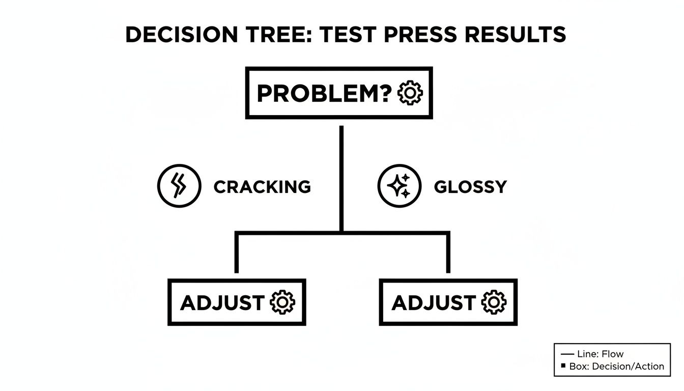 A decision tree diagram titled 'Test Press Results' showing 'Problem?' leading to 'Cracking' or 'Glossy', both requiring 'Adjust'.