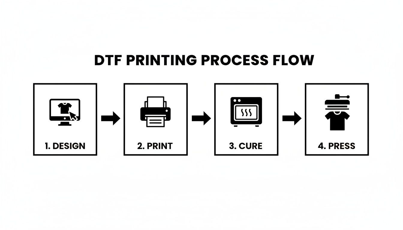 A flow diagram illustrating the four-step DTF printing process: design, print, cure, and press.