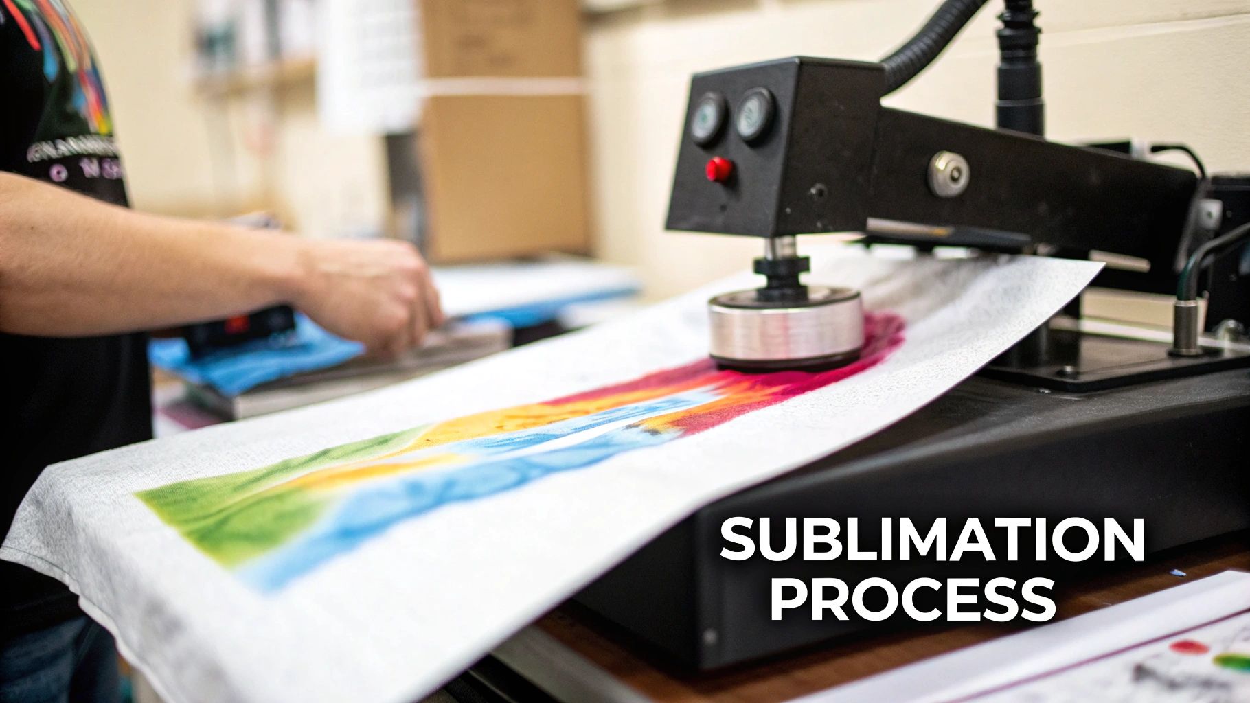 A person uses a heat press machine to apply a vibrant, colorful design to white fabric.