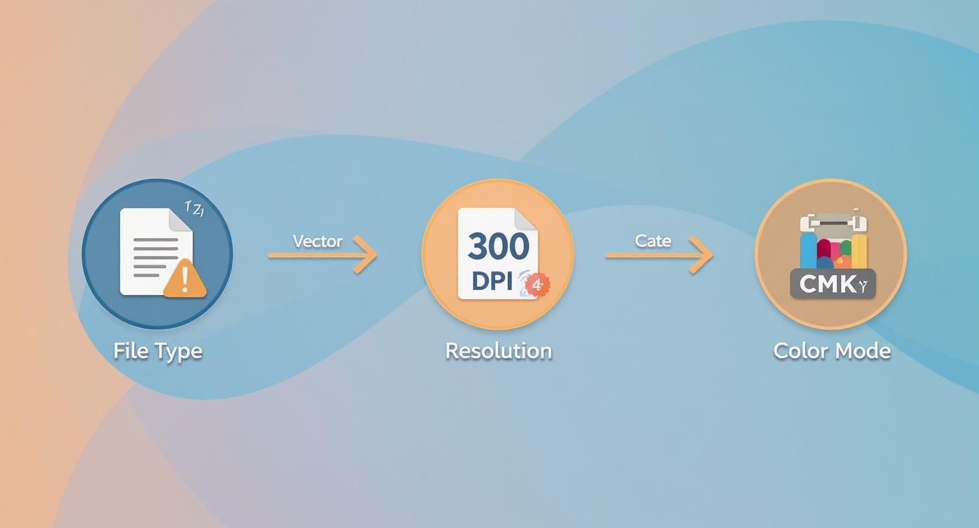 Infographic illustrates essential design specifications: vector file, 300 DPI resolution, and CMYK color mode for print.