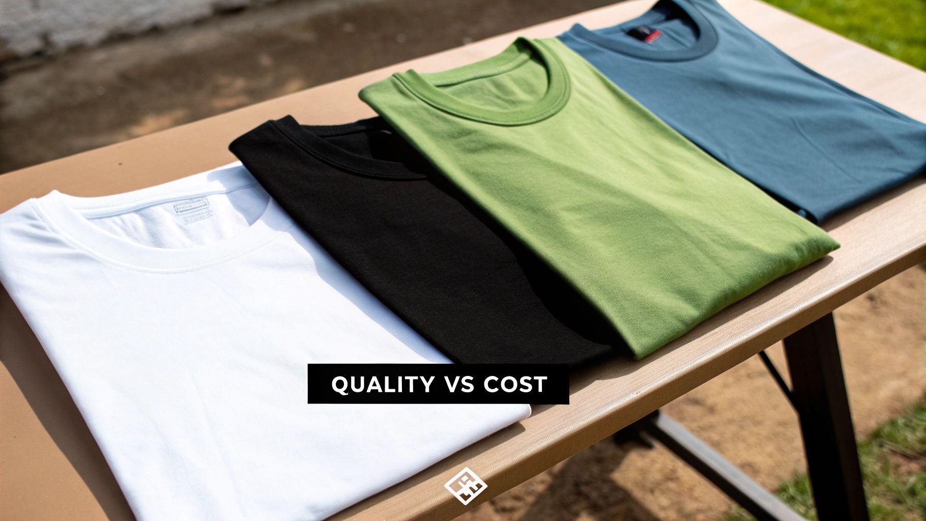 Four folded t-shirts (white, black, green, blue) on a wooden table outdoors with 'QUALITY VS COST' text.