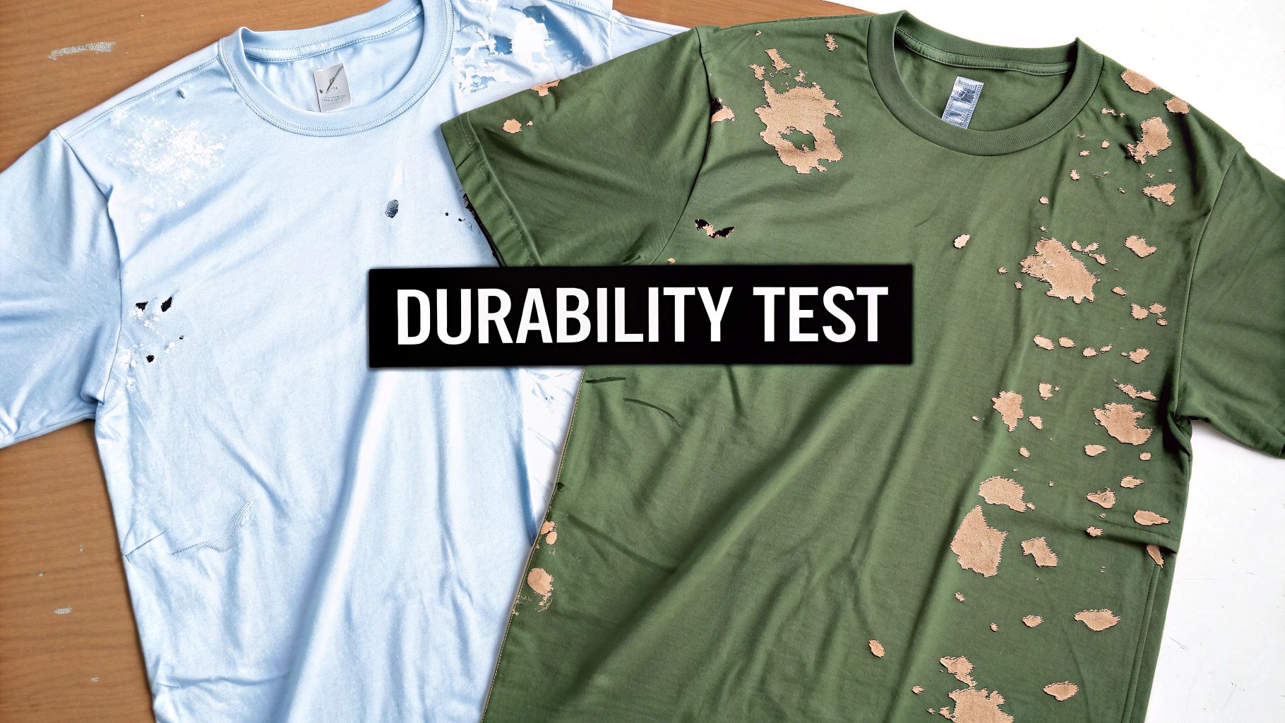 A close-up shot comparing the texture of a sublimation print and a heat transfer print on fabric.