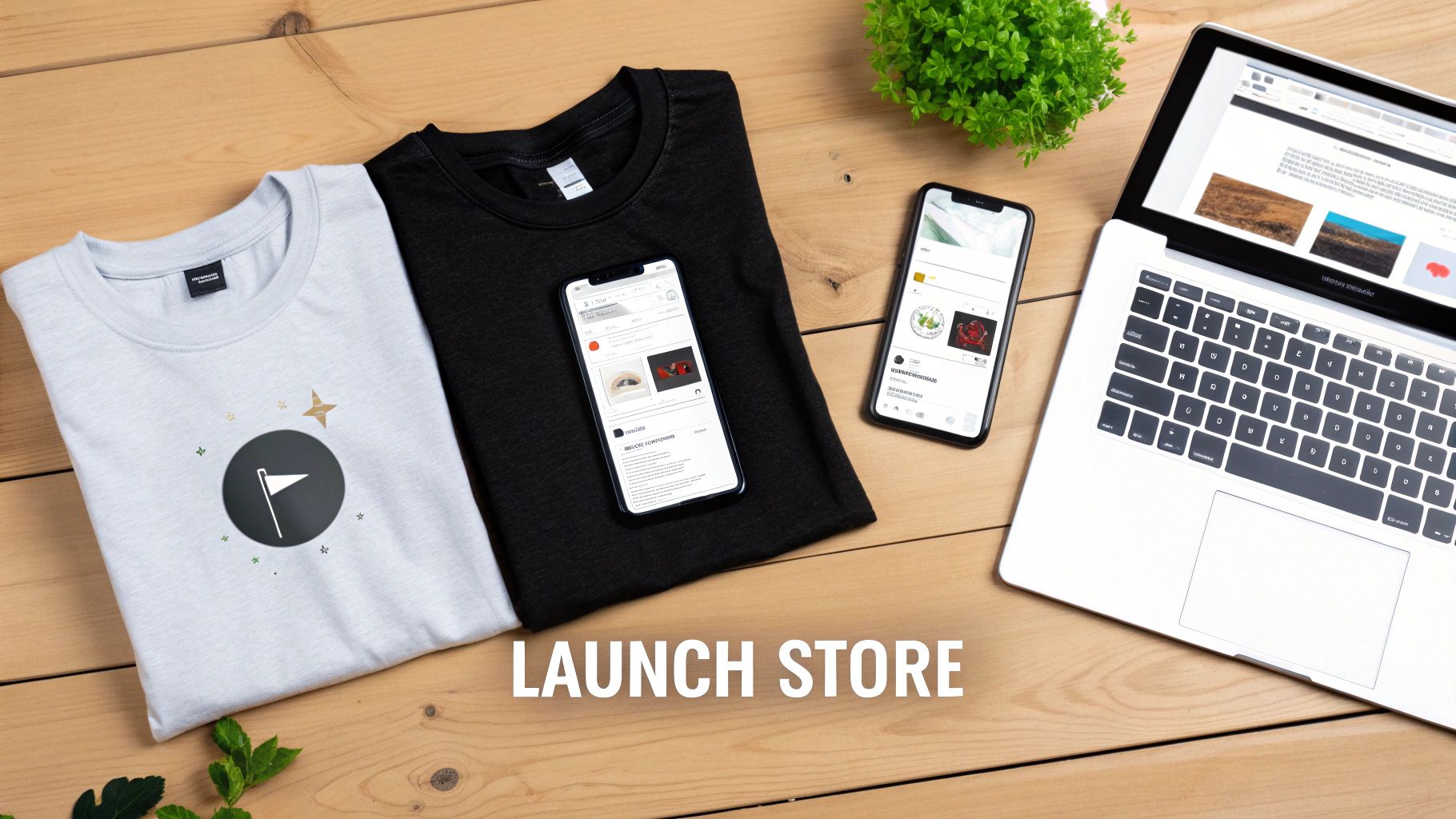 Flat lay of two t-shirts, smartphones, and a laptop on a wooden desk, symbolizing an online store launch.